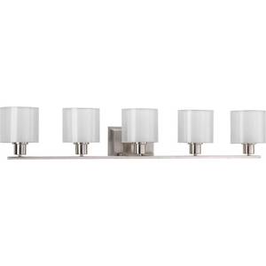 lot 2574 image: Progress Lighting Silvertone Invite Collection 5-light Brushed Nickel Bath Light