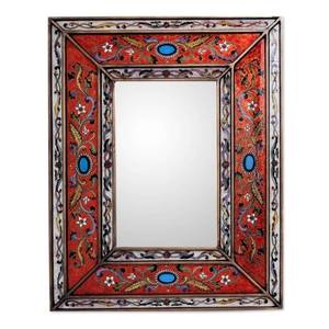 lot 2598 image: Handmade Red Cajamarca Floral Baroque Reverse Painted Glass Gold Accent Mirror (Peru)