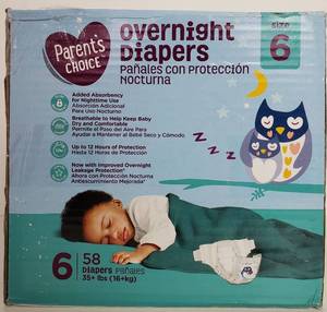 lot 40068 image: Parents Choice Overnight Diapers, Size 6, 58 Diapers