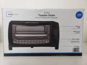lot 40089 image: Mainstays 4 Slice Black Toaster Oven with Dishwasher-Safe Rack & Pan, 3 Piece
