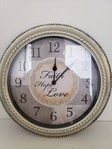 lot 40094 image: Mainstays 12 Inch Inspirational Clock- Faith, Hope , Love Message