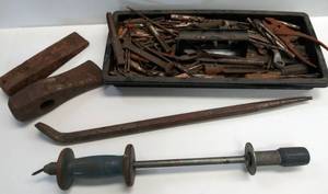 lot 9863 image: Misc Vintage Tools- Including 2 Ax Heads and  Numerous Bits