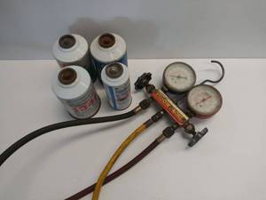 lot 9865 image: Yellow Jacket Test & Charging Manifold wRefrigerant- 4 Cans R-134a