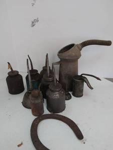 lot 9885 image: Large Lot Of Vintage Oil Cans and Bonus Lucky Horseshoe