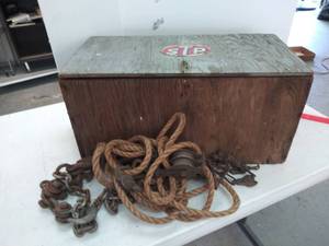 lot 9892 image: Wood Tool Box and Contents- Pulley- Rope-Chains and 