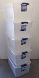 lot 102 image: 5 Sterilite Clear 64-Quart Totes with Latching Lids