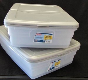 lot 103 image: 4 Sterilite 28qt Plastic Under Bed Storage Bins with Lids