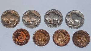 lot 146 image: 4 BuffaloIndian Head Nickles & 4 1903 & 1907 Wheat Pennies  All 8 have 3 holes in them