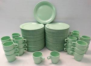lot 10000 image: 80 Pieces Vintage Mint Green Melmac - 51 Boontonware Plates, 29 Hemco Ware Cups