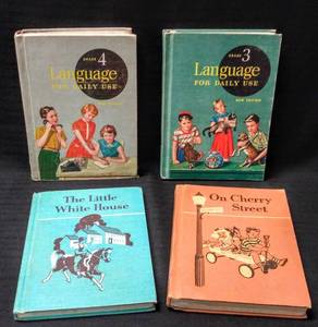 lot 10011 image: 4 Vintage Childrens Reading Books  1955 Language for Daily Use Books - Grade 3 & 4 & 1949 Ginn Basic Readers The Little White House & On Cherry Street