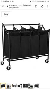 lot 49725 image: SONGMICS Heavy-Duty 4-Bag Rolling Laundry Sorter Storage Cart with Wheels Black URLS90H