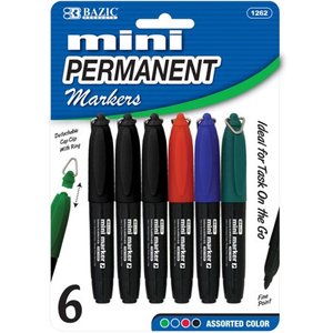 lot 49728 image: BAZIC Assorted Color Mini Fine Point Permanent Marker w Cap Clip, 6 per pack, Case of 20
