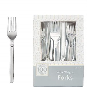 lot 49867 image: Amscan Disposable Premium Plastic Forks (100 Pack), Silver
