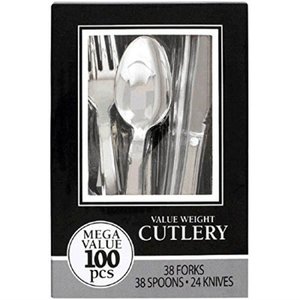 lot 49878 image: amscan 439503.99 boxed disposable-cutlery-sets, one size, silver