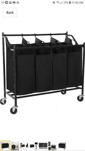 lot 49885 image: SONGMICS Heavy-Duty 4-Bag Rolling Laundry Sorter Storage Cart with Wheels Black URLS90H