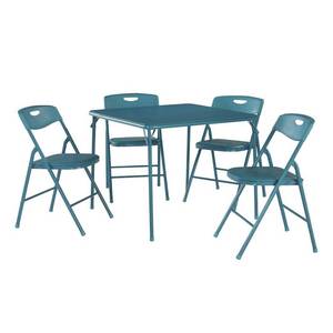 lot 49889 image: 5 Piece Folding Table and Chair Set - Teal (Blue) - Cosco