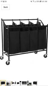 lot 49960 image: SONGMICS Heavy-Duty 4-Bag Rolling Laundry Sorter Storage Cart with Wheels Black URLS90H
