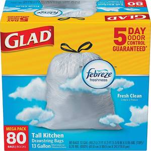 lot 51562 image: Glad OdorShield Tall Kitchen Drawstring Trash Bags, Fresh Clean, 13 Gallon, 80 Count
