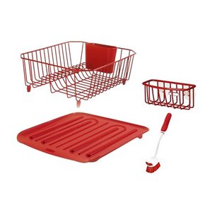 lot 51592 image: Rubbermaid Antimicrobial Sink Dish Rack Drainer Set, Red, 4-Piece Set