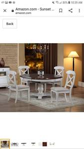 lot 51596 image: Sunset Trading Andrews Dining Table Set, Antique white with distressed chestnut top