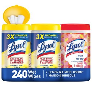 lot 51626 image: Lysol Disinfecting Wipes Multi-Pack, 2 Lemon Lime  1 Mango Hibiscus Wet Wipes, 240 Ct