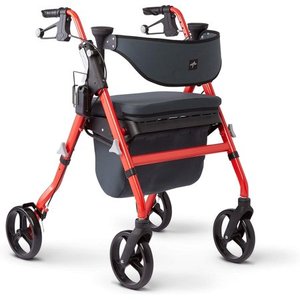 lot 51633 image: Medline Empower Rollator With Microban, Folding Rolling Walker, 8 Wheels, 300lb Weight Capacity, Red Frame