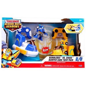 lot 1575 image: Jada Toys Transformers Rescue Bots Academy Bumblebee vs. Chase RC Bumper Cars Remote Control Vehicles 6 Yellow & Blue