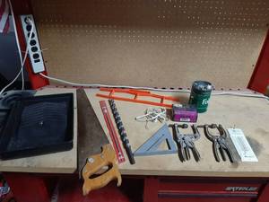 lot 1570 image: Assorted Tools - Speed Square, Drill Bits and Thermometer