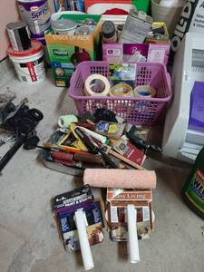 lot 1615 image: Assorted Painting Supplies - Paint Brushes, Tape, Stripper and Rags