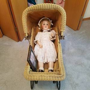 lot 1732 image: My Girlie III Germany antique doll - bisque head , composition body with carriage - original owner as seen in framed picture would be 110 years old today