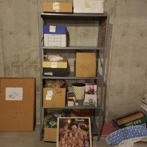 lot 1877 image: Metal Shelf with contents - lots of Christmas decor - in Basement
