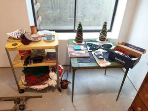 lot 1921 image: Card Table and Utility Shelf with Contents
