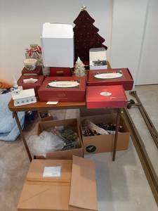 lot 1922 image: Card Table with Christmas Decor - Some Lenox - in Basement