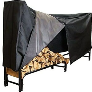 lot 365 image: Sunnydaze Firewood Rack and Cover Combo Set - 8-Foot Outdoor Black Powder-Coated Steel Log Holder with Black Water-Resistant Heavy-Duty Protective PVC Cover