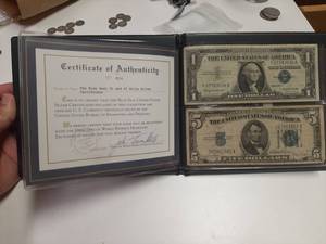 lot 117 image: United States Blue Seal Currency - Series 1934D $5 Silver Certificate and Series 1957B $1 Silver Certificate