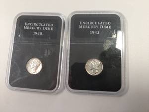 lot 150 image: 2 Uncirculated Mercury Silver Dimes - 1940 and 1942