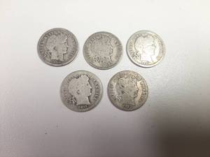 lot 197 image: 5 Barber Dimes - 1908-D, 1909, 1910-D, 1911, 1912-D