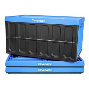 lot 51119 image: CleverMade 62L Collapsible Storage Bins with Lids - Folding Plastic Stackable Utility Crates, Solid Wall CleverCrates, 3 Pack, Neptune Blue