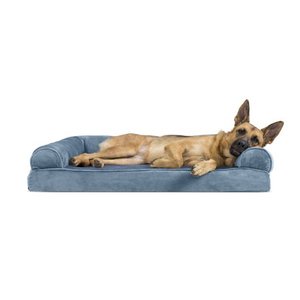 lot 51157 image: Furhaven Pet Dog Bed  Memory Foam Faux Fur & Velvet Traditional Sofa-Style Living Room Couch Pet Bed w Removable Cover for Dogs & Cats, Harbor Blue, Jumbo