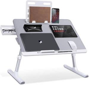lot 51176 image: Laptop Bed Tray Desk, SAIJI Adjustable Laptop Bed Table, Foldable Laptop Stand with Storage Drawer for Eating, Working, Writing, Gaming, Drawing (Gray, X-Large)