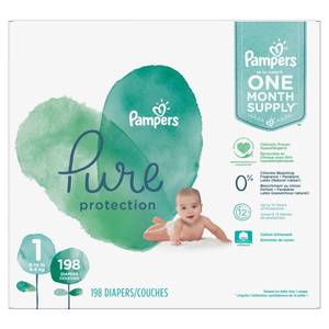lot 51180 image: Diapers Size 1, 198 Count - Pampers Pure Protection Disposable Baby Diapers, Hypoallergenic and Unscented Protection, ONE Month Supply