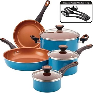 lot 51275 image: Farberware 10366 Glide Dishwasher Safe Nonstick Cookware Pots and Pans Set, 11 Piece, Teal. Lid doesnt fit correctly on one of the Pots