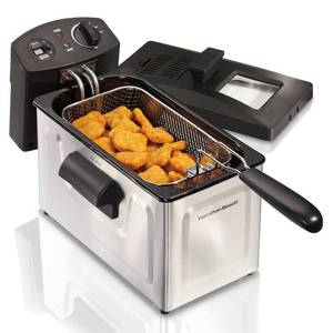 lot 51280 image: Hamilton Beach Deep Fryer, 12 Cups  3 Liters Oil Capacity, Frying Basket with Hooks, Lid with View Window, Stainless Steel, Professional Grade, Electric, 1500 Watts (35033)