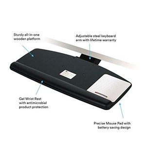 lot 51283 image: 3M Keyboard Tray, Simply Turn Knob to Adjust Height and Tilt, Sturdy Tray Includes Gel Wrist Rest and Precise Mouse Pad, Swivels Side to Side and Stores Under Desk, 17 Track, Black (AKT60LE)