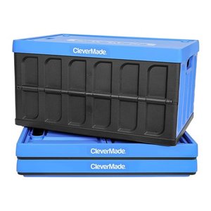 lot 51297 image: CleverMade 46L Collapsible Storage Bins with Lids - Folding Plastic Stackable Utility Crates, Solid Wall CleverCrates, 3 Pack, Neptune Blue
