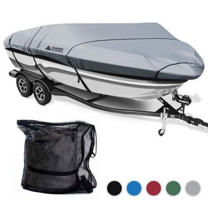 lot 51319 image: Leader Accessories 600D Polyester 5 Colors Waterproof Trailerable Runabout Boat Cover Fit V-Hull Tri-Hull Fishing Ski Pro-Style Bass Boats,Full Size (17-19L Beam Width up to 96, Grey)