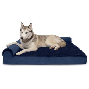 lot 51329 image: Furhaven Pet Dog Bed  Deluxe Memory Foam Plush Faux Fur & Velvet L Shaped Chaise Lounge Living Room Corner Couch Pet Bed w Removable Cover for Dogs & Cats, Deep Sapphire, Jumbo