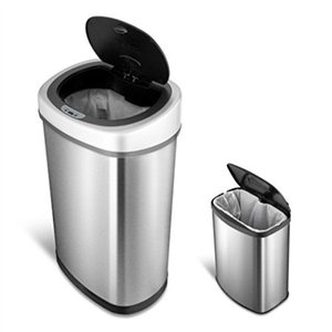 lot 51366 image: NINESTARS CB-DZT-50-98-1 Automatic Touchless Infrared Motion Sensor Trash Can Combo Set, 13 Gal 50L & 2 Gal 8L, Stainless Steel Base (Oval & Rectangular, SilverBlack Lid)