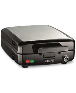 lot 51401 image: KRUPS Belgian Waffle Maker, Waffle Maker with Removable Plates, 4 Slices, Black and Silver