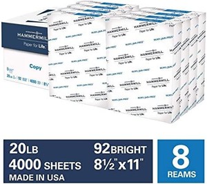 lot 51445 image: Hammermill 20lb Copy Paper, 8.5 x 11, 8 Ream Case, 4,000 Sheets, Made in USA, Sustainably Sourced From American Family Tree Farms, 92 Bright, Acid Free, Economical Multipurpose Printer Paper, 113640C